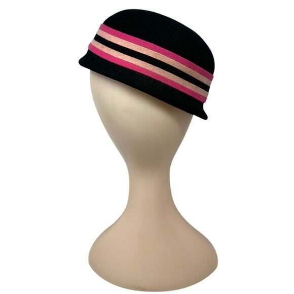 Vintage 1960s Fur Felt Pillbox Hat Pink Black Rhinestone Brooch Jackie O main image 8